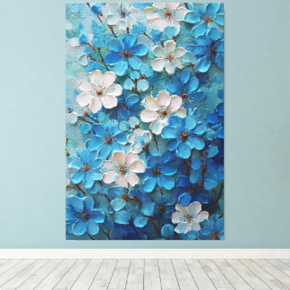 Blauw en wit bloeiende bloem abstracte wandkunst canvas afdruk