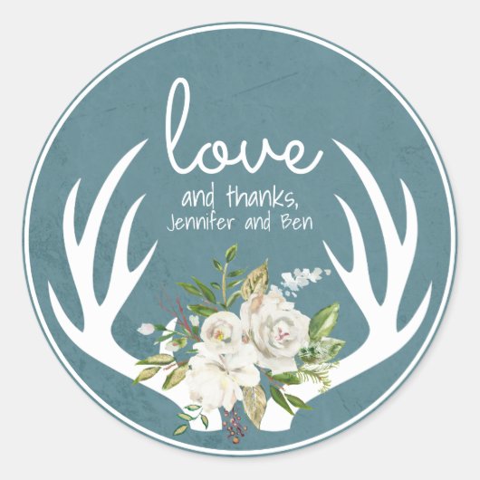 Blauw en Wit Bloem Boho Geweien Dank Je Ronde Sticker (Voorkant)