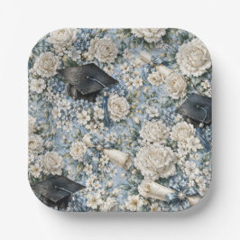 Blauw en Wit Bloem Motief Afstudeerfeest Papieren Bordje
