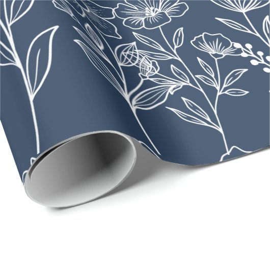 Blauw en Wit  Bloemen Bruidsbruiloften Cadeaupapier (Rol Hoek)