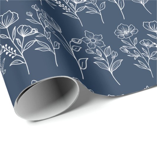 Blauw en Wit  Bloemen Bruidsbruiloften Cadeaupapier (Rol Hoek)