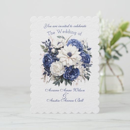 Blauw en Wit Bloemen Bruiloft Boeket Kaart (Staand voorkant)