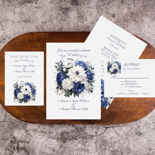 Blauw en Wit Bloemen Bruiloft Boeket Kaart