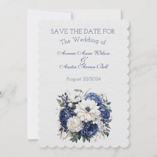 Blauw en Wit Bloemen Bruiloft Boeket Save The Date (Voorkant)