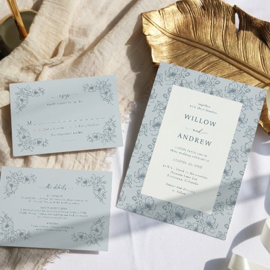 Blauw en Wit Bloemen Bruiloft Kaart