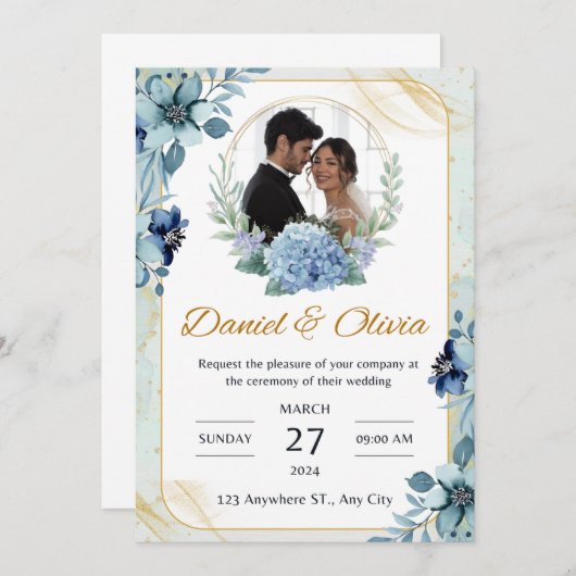Blauw en Wit Bloemen Bruiloft Uitnodiging (Voorkant / Achterkant)