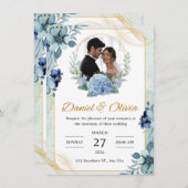 Blauw en Wit Bloemen Bruiloft Uitnodiging (Voorkant / Achterkant)