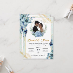 Blauw en Wit Bloemen Bruiloft Uitnodiging