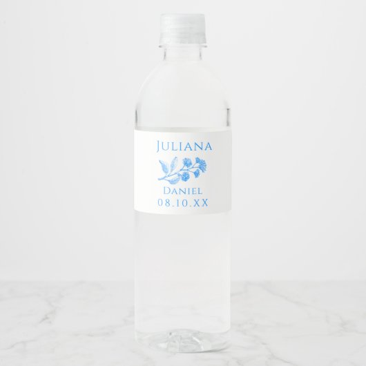 Blauw en wit Bloemen Bruiloft Water Fles Labels Waterfles Etiket (Voorkant)