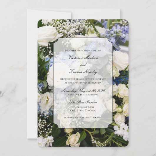 blauw en wit bloemen bruiloftsinvitation kaart (Voorkant)