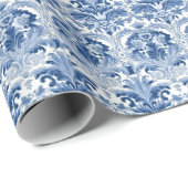 Blauw en wit Bloemen Damast Spaans Tegel Cadeaupapier (Rol Hoek)