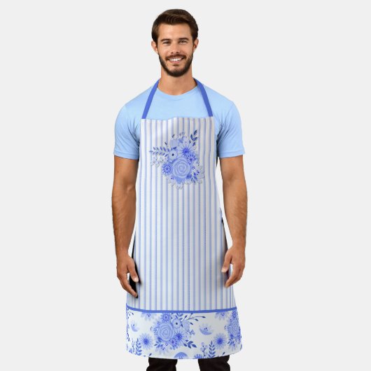 Blauw en wit Bloemen en Strepen Schort (Gedragen)