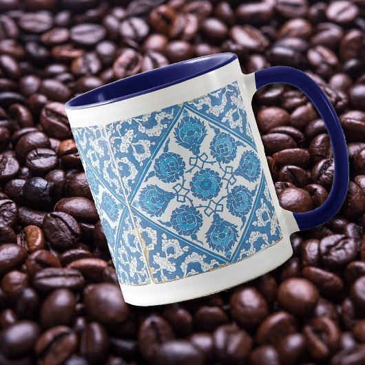 Blauw en Wit Bloemen Faux Tegel Koffie Mok