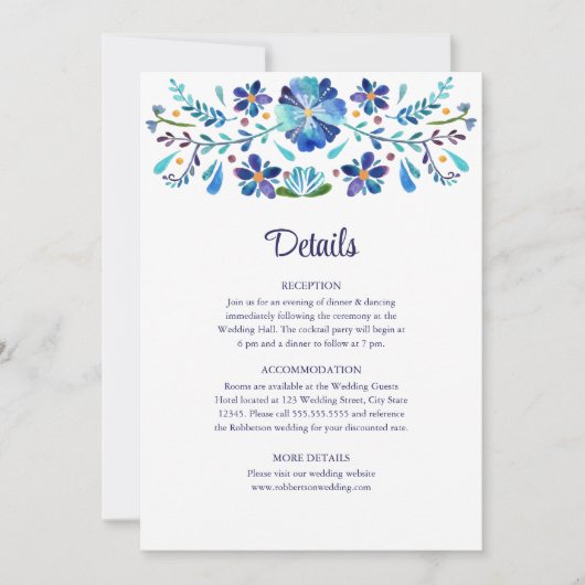 Blauw en Wit Bloemen Fiesta Bruiloft Details Kaart (Voorkant)