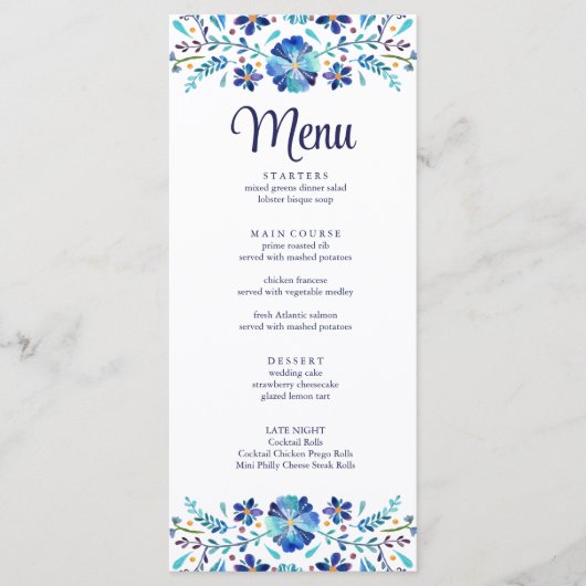 Blauw en wit Bloemen Fiesta Bruiloft Menu Kaart (Voorkant)