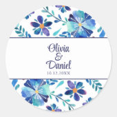 Blauw en Wit Bloemen Fiesta Bruiloft Ronde Sticker (Voorkant)