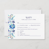 Blauw en Wit Bloemen Fiesta Bruiloft RSVP Kaart (Voorkant)