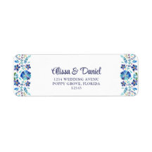 Blauw en Wit Bloemen Fiesta Retouradres