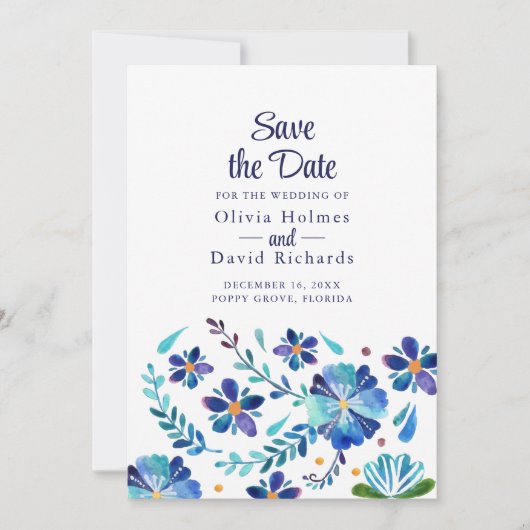 Blauw en Wit Bloemen Fiesta Save the Date Kaart (Voorkant)