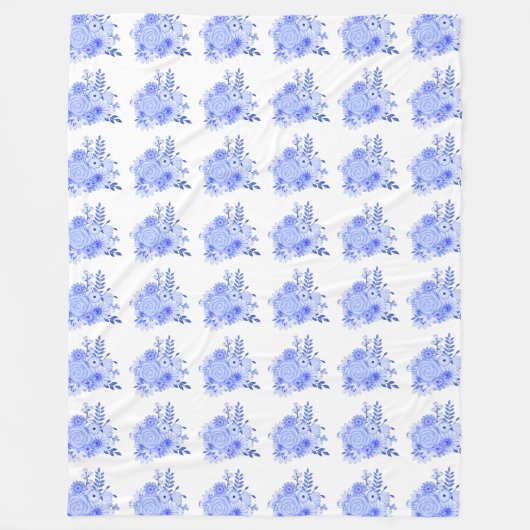 Blauw en wit Bloemen Fleece Deken (Voorkant)