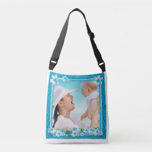 Blauw en wit bloemen fotolijstje crossbody tas