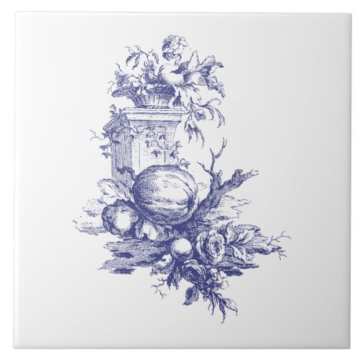 Blauw en wit Bloemen & Fruit Tegeltje (Voorkant)