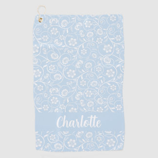 Blauw en wit Bloemen Gepersonaliseerde Naam Vrouwe Golfhanddoek