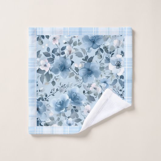 Blauw en Wit Bloemen geruite Badhanddoek Set Bad Handdoek (Wasdoekje)
