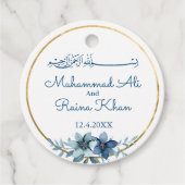 Blauw en Wit Bloemen Islamitische Moslim Bruiloft Bedankjes Labels (Voorkant)