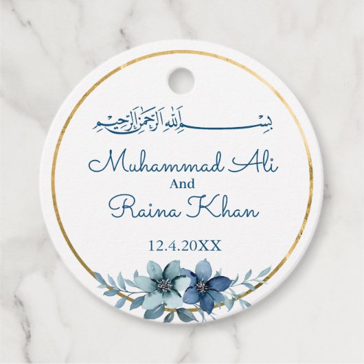Blauw en Wit Bloemen Islamitische Moslim Bruiloft  Bedankjes Labels (Voorkant)