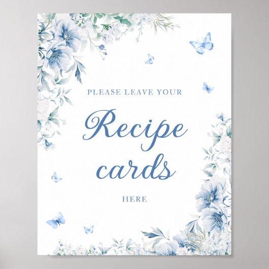 Blauw en wit Bloemen Laat uw recept Kaart hier Poster (Voorkant)