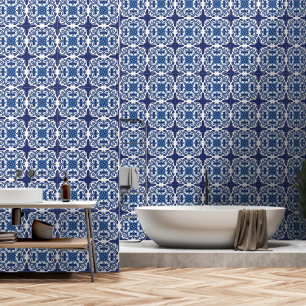 Blauw en wit Bloemen Mediterraan Tegel Patroon Behang