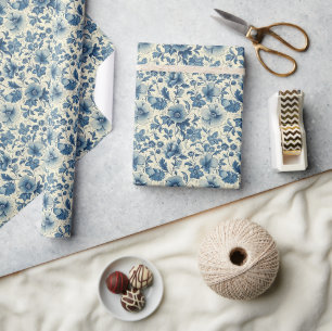  Blauw en Wit Bloemen Patroon Design Set Cadeaupapier