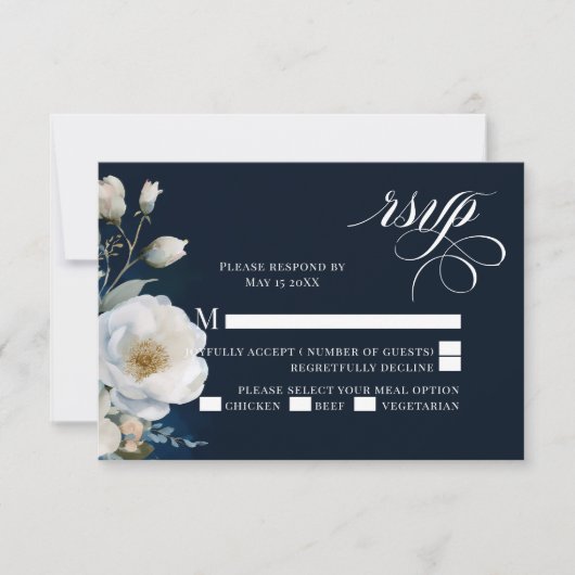 Blauw en Wit Bloemen pioen bruiloft ontwerp RSVP Kaartje (Voorkant)