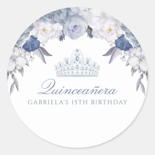 Blauw en wit Bloemen Quinceanera Ronde Sticker (Voorkant)