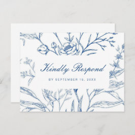 Blauw en Wit Bloemen Rsvp met Script Maaltijd Keuz Uitnodiging Briefkaart