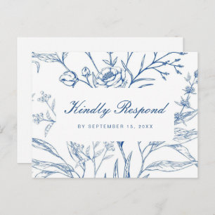 Blauw en Wit Bloemen Rsvp met Script Maaltijd Keuz Uitnodiging Briefkaart