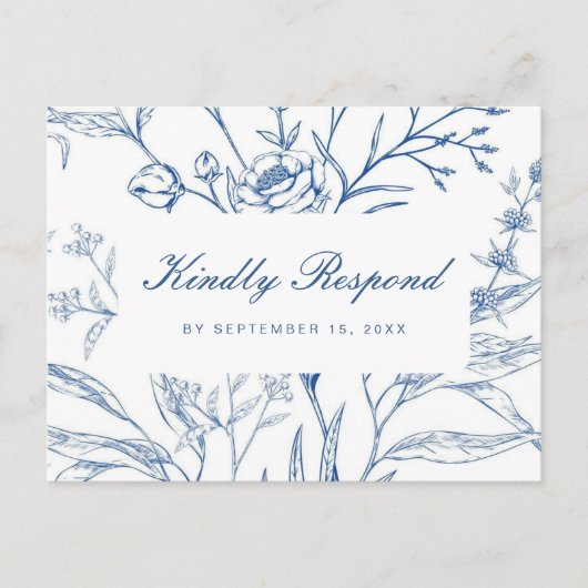 Blauw en Wit Bloemen Rsvp met Script Maaltijd Keuz Uitnodiging Briefkaart (Voorkant)