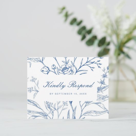 Blauw en Wit Bloemen Rsvp met Script Maaltijd Keuz Uitnodiging Briefkaart (Staand voorkant)