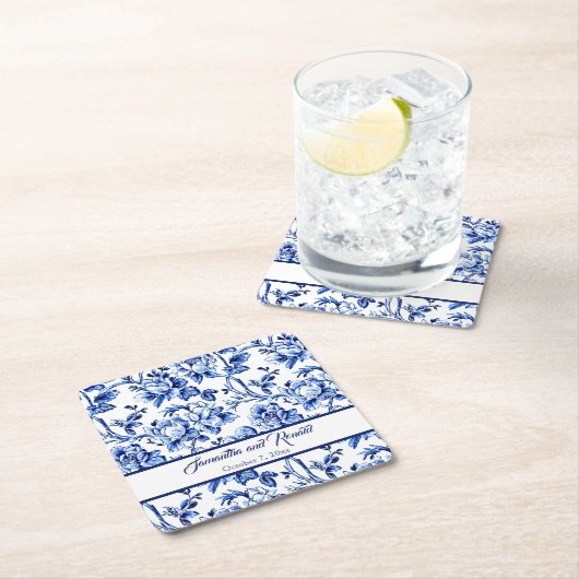 Blauw en wit Bloemen Toile Bruiloft Kartonnen Onderzetters (Insitu)