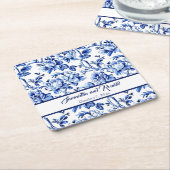 Blauw en wit Bloemen Toile Bruiloft Kartonnen Onderzetters (Schuin)