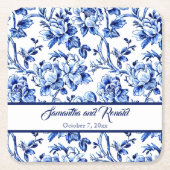 Blauw en wit Bloemen Toile Bruiloft Kartonnen Onderzetters (Voorkant)