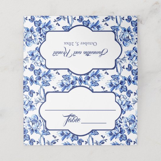 Blauw en wit Bloemen Toile Bruiloft Plaatskaartje (Buitenkant ongevouwen)