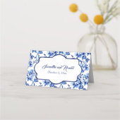 Blauw en wit Bloemen Toile Bruiloft Plaatskaartje (Achterkant)