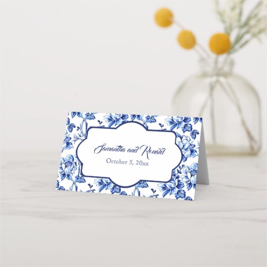 Blauw en wit Bloemen Toile Bruiloft Plaatskaartje (Achterkant)
