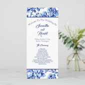 Blauw en Wit Bloemen Toile Bruiloft Programma (Staand voorkant)