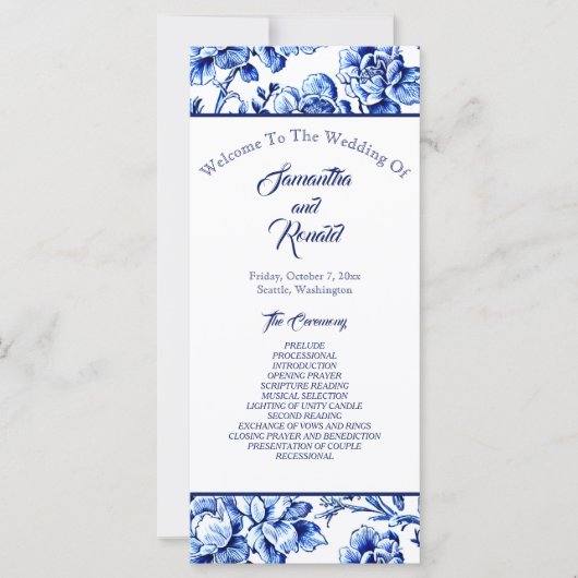 Blauw en Wit Bloemen Toile Bruiloft Programma (Voorkant)