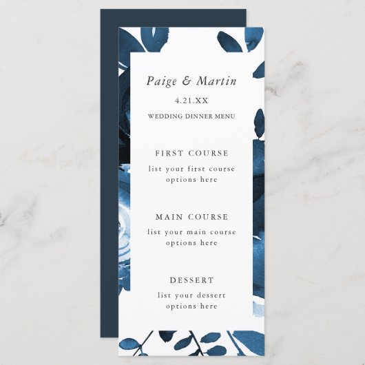 Blauw en Wit Bloemen Wedding Menu Kaart (Voorkant / Achterkant)