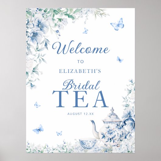 Blauw en wit Bloemen Welkom Bruids Thee Poster (Voorkant)