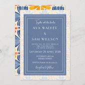 Blauw en wit bloemenbruiloft kaart (Voorkant / Achterkant)